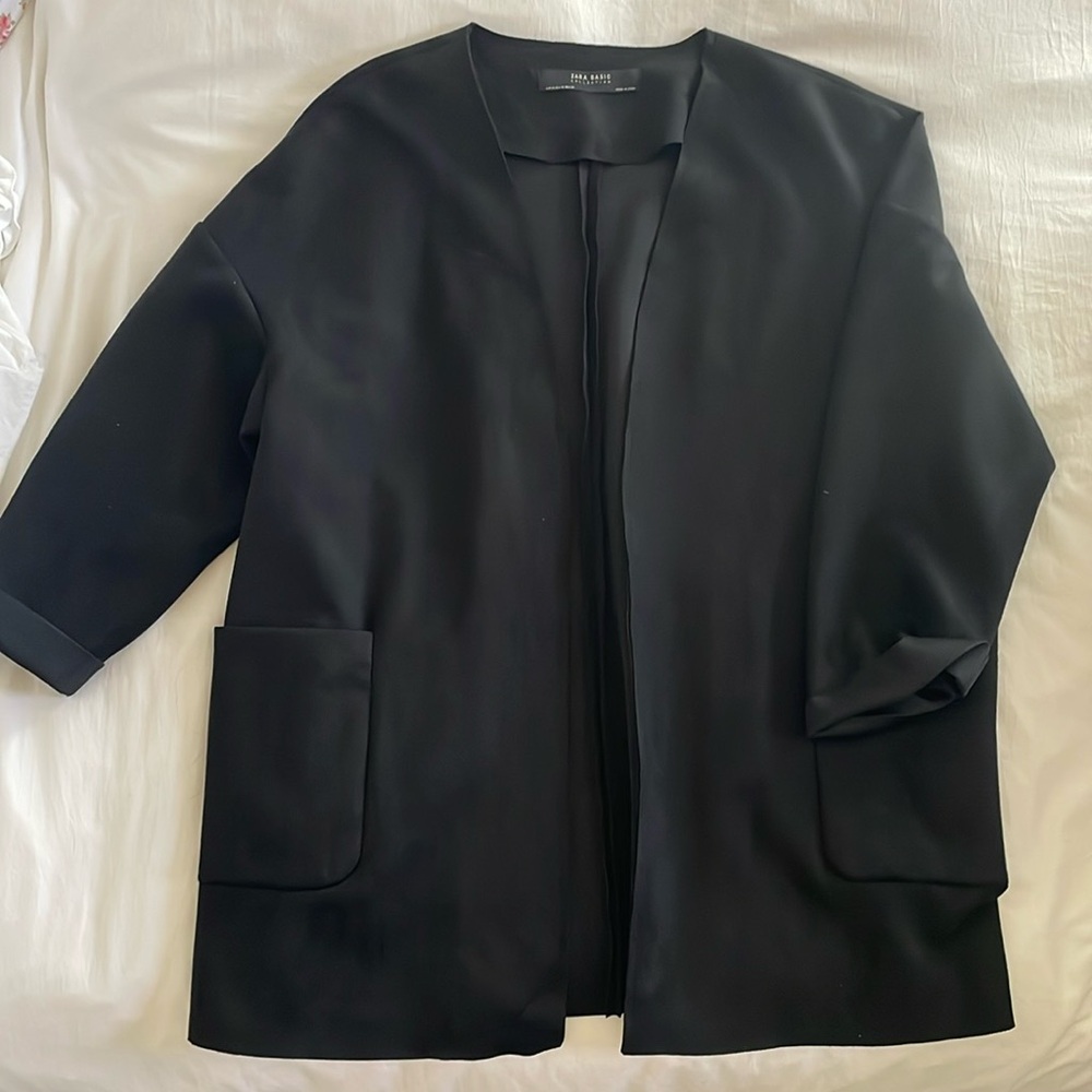 ZARA Jacket Womens Size Small Faux Suede Raw Hem Cuffed Blazer Coat Black